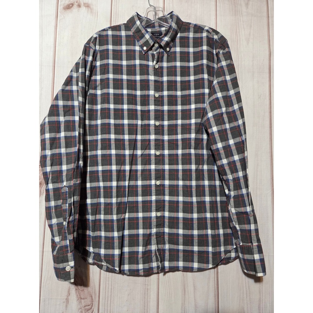 J Crew Heathered Cotton Plaid Button Down Shirt Men's Large L Blue Red White‎